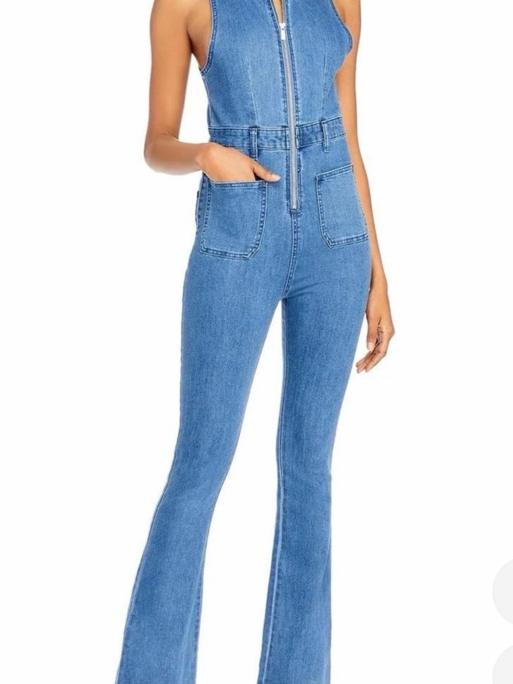 WEWOREWHAT Women’s Size 6 Denim Jumpsuit Blue Flare Leg Zip Front